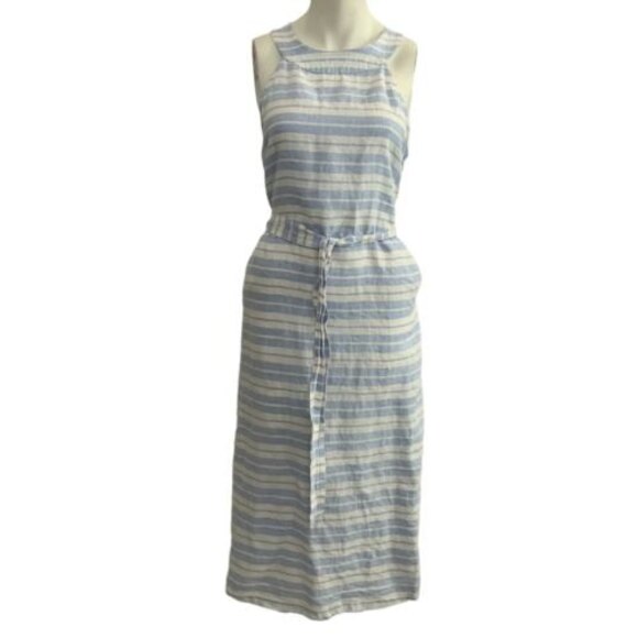 100% Linen Sigrid Olsen Midi Dress Blue White Dutch Stripe 10 - Picture 2 of 12